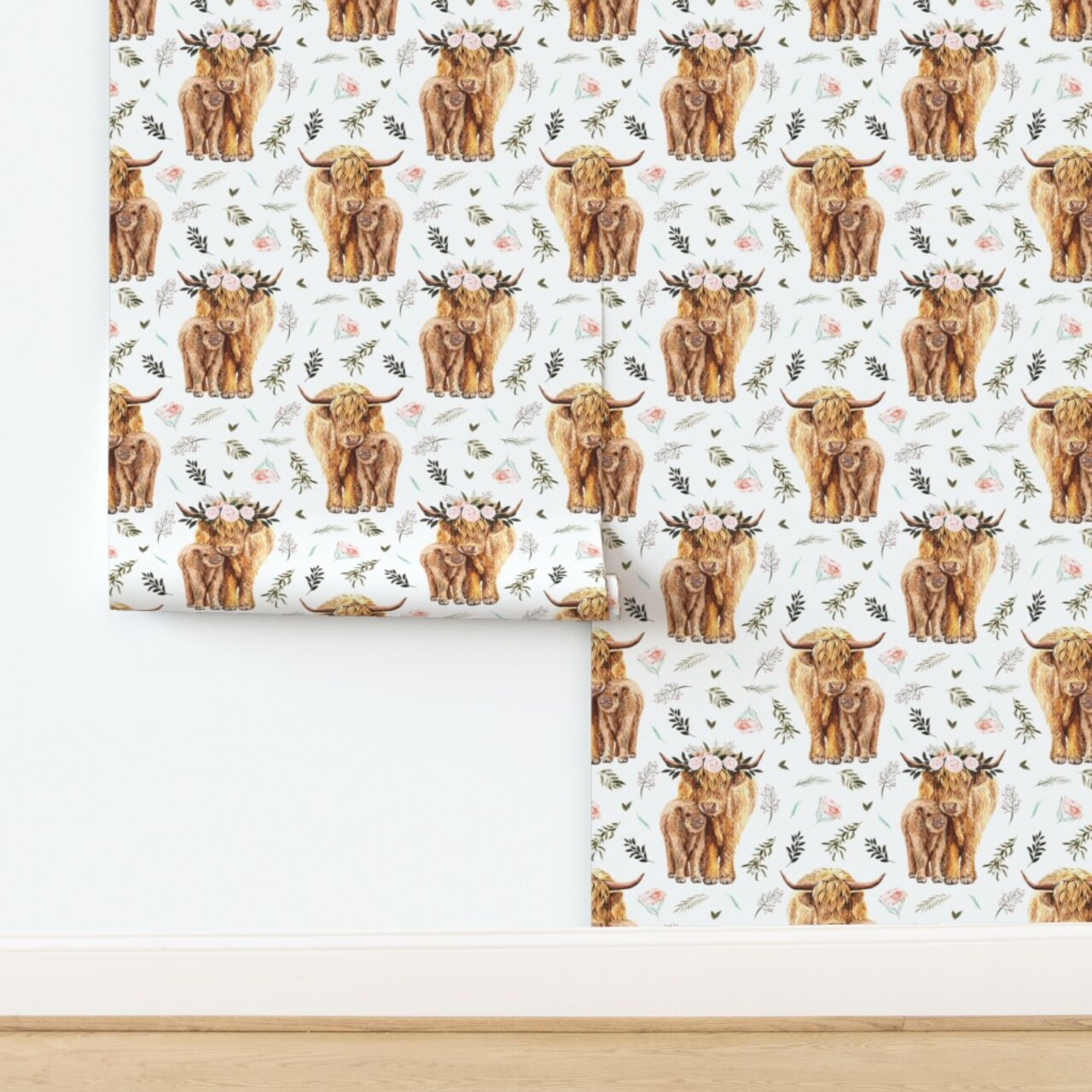 Highland Cow Scottish Shaggy Floral Baby Calf Spring Cattle Custom Pre-pasted Wallpaper by Spoonflower Pre-Pasted Wallpaper 2FT Wide